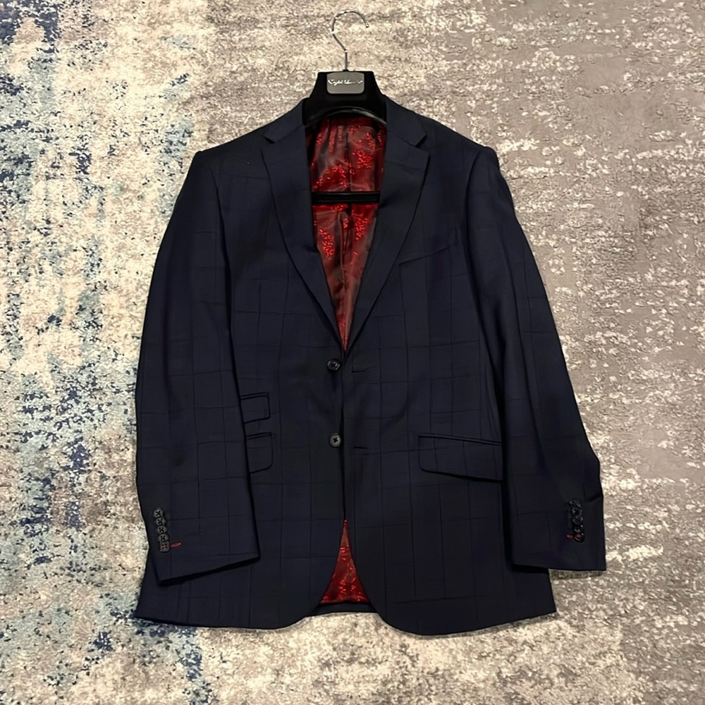 English Laundry Navy Checkered Wool Suit – 36R Jacket, 29W Pants